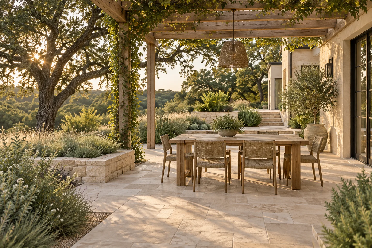 Sample outdoor dining patio beneath a wooden pergola