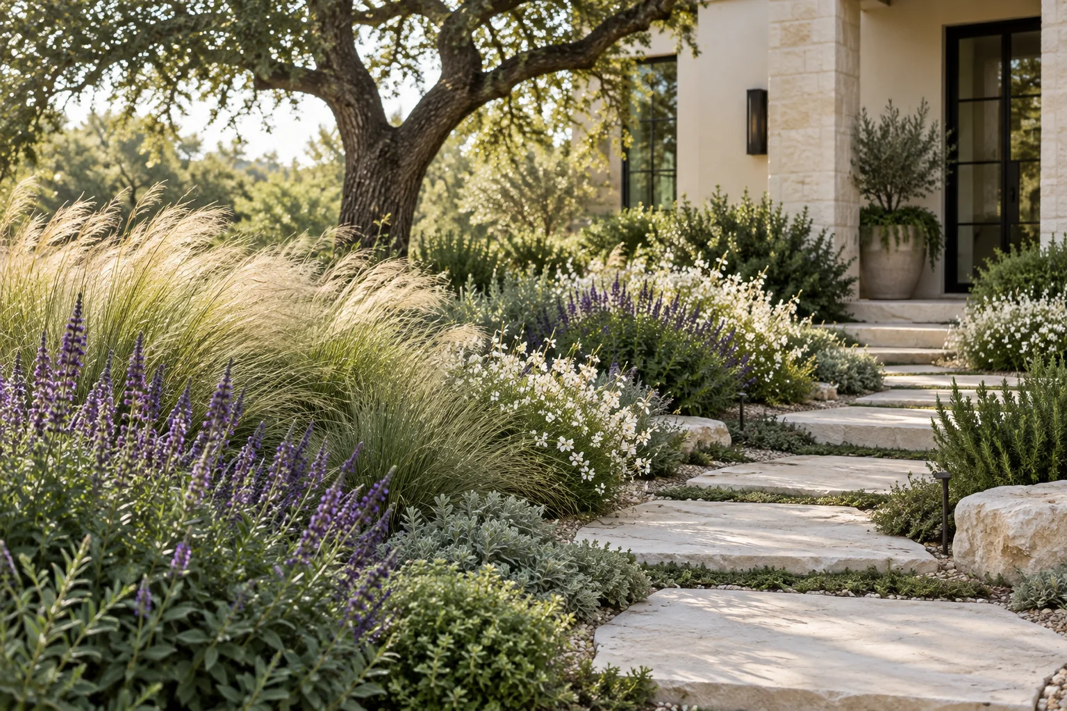 Sample garden path surrounded by grasses and flowering plants