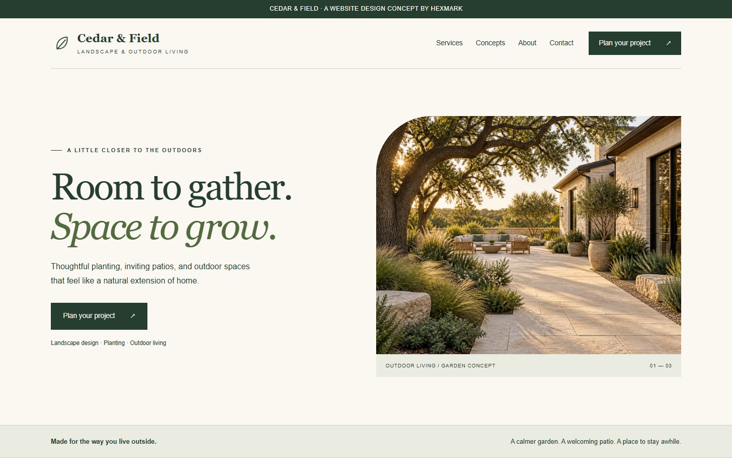 Cedar and Field landscaping website concept with warm garden photography and a clear, distinctive layout