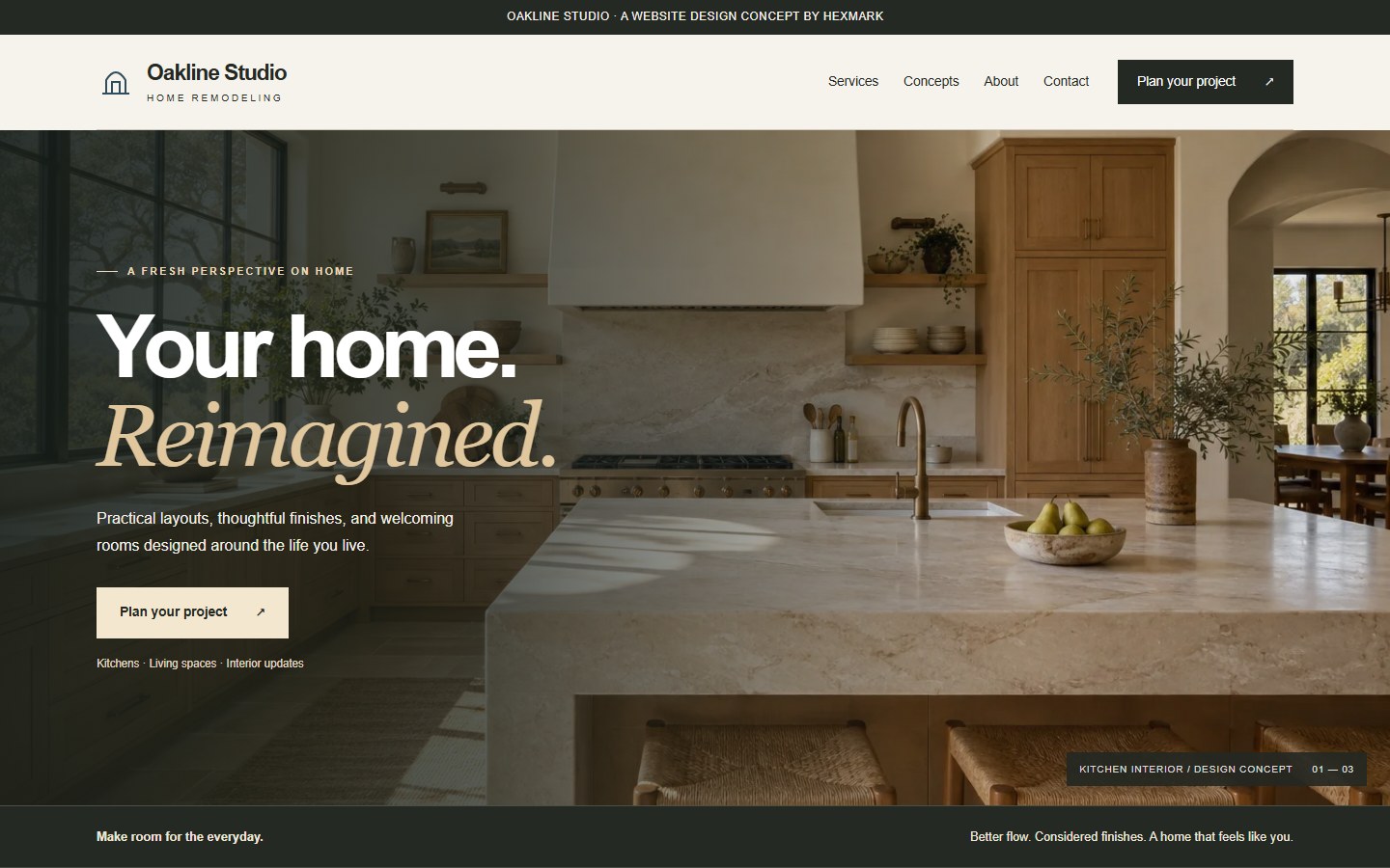 Oakline Studio home-remodeling website concept with warm kitchen photography and an architectural layout